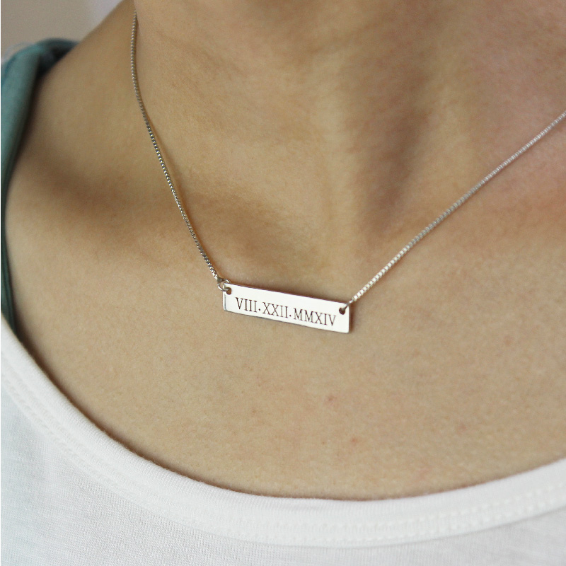 Custom Roman Numeral Bar Necklace Sterling Silver