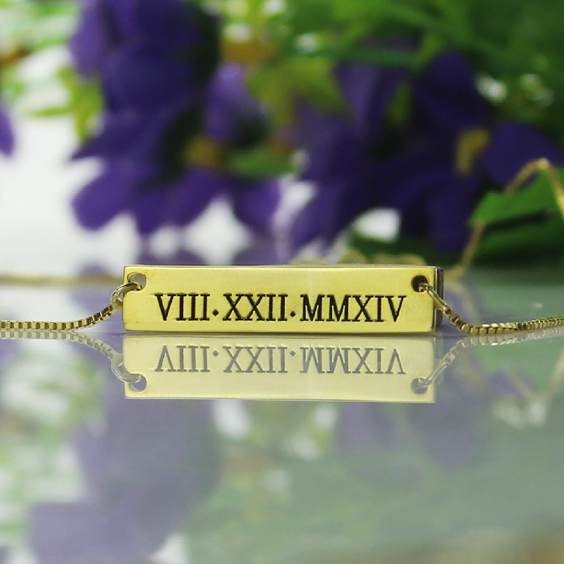 Roman Numeral Bar Necklace 18K Gold Plated